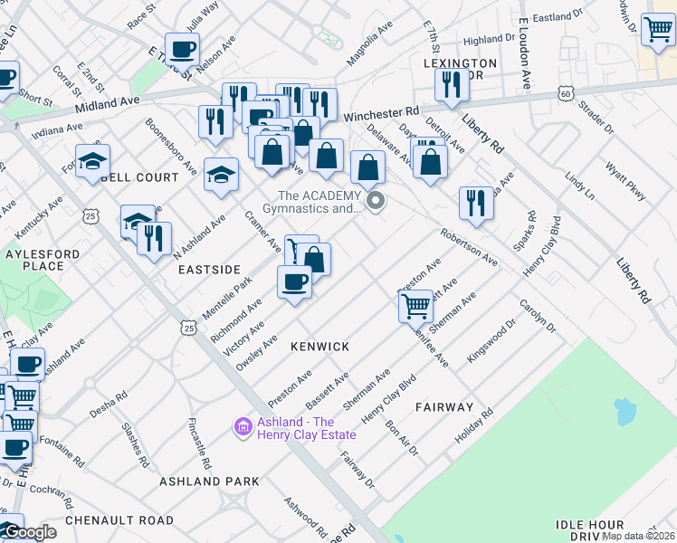 map of restaurants, bars, coffee shops, grocery stores, and more near 303 Owsley Avenue in Lexington