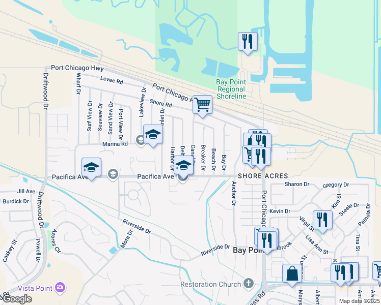 map of restaurants, bars, coffee shops, grocery stores, and more near 61 Canal Drive in Bay Point