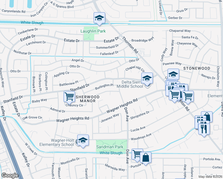 map of restaurants, bars, coffee shops, grocery stores, and more near 2559 Plantation Place in Stockton