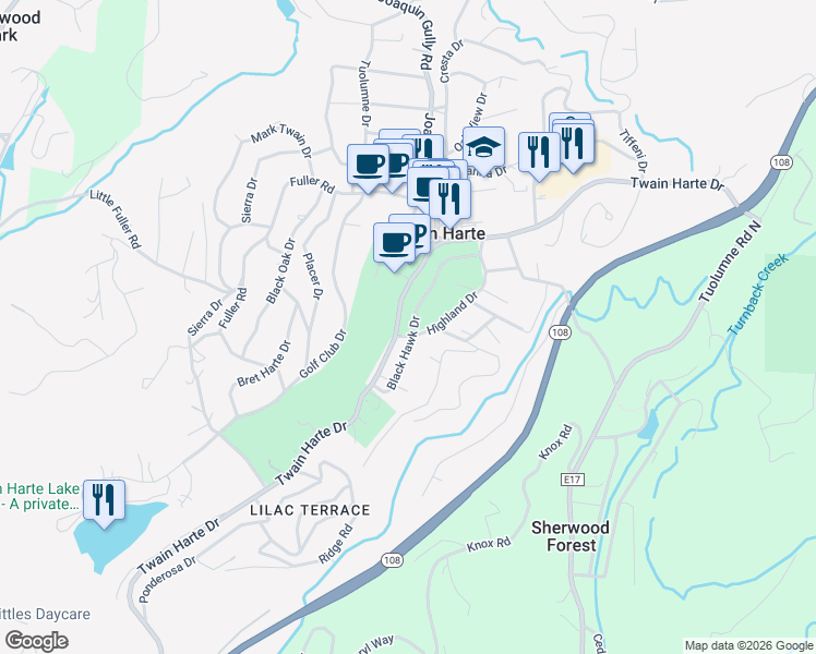 map of restaurants, bars, coffee shops, grocery stores, and more near 22791 Twain Harte Drive in Twain Harte
