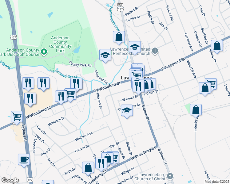 map of restaurants, bars, coffee shops, grocery stores, and more near 109 Township Square in Lawrenceburg