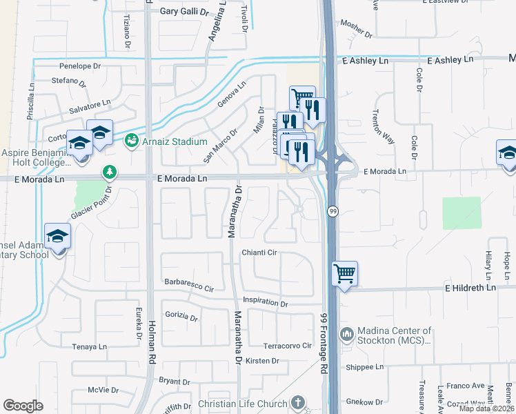 map of restaurants, bars, coffee shops, grocery stores, and more near 3932 Lembert Dome Court in Stockton