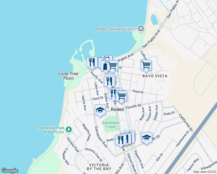 map of restaurants, bars, coffee shops, grocery stores, and more near 220 Parker Avenue in Rodeo