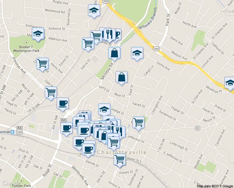 map of restaurants, bars, coffee shops, grocery stores, and more near 228 Wine Street in Charlottesville