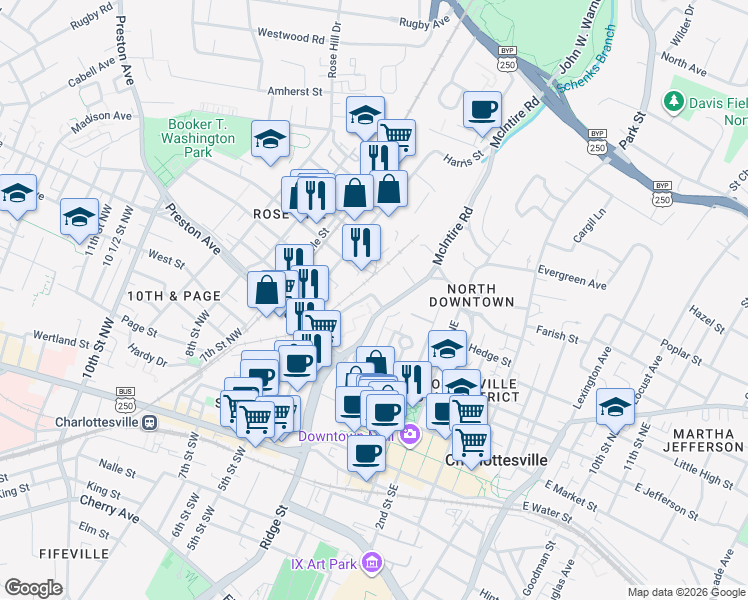 map of restaurants, bars, coffee shops, grocery stores, and more near 500 McIntire Road in Charlottesville