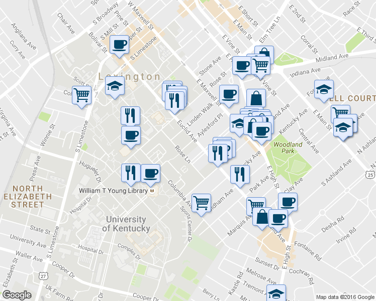 map of restaurants, bars, coffee shops, grocery stores, and more near 411 Transylvania Park in Lexington