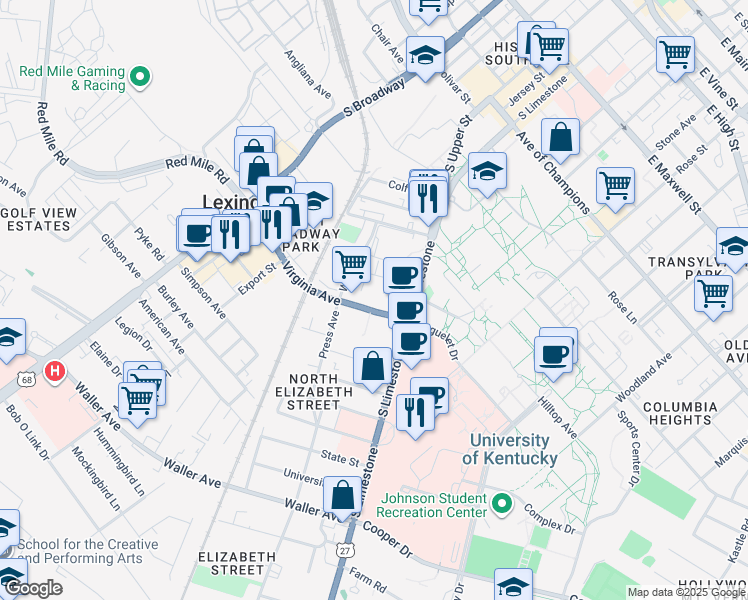 map of restaurants, bars, coffee shops, grocery stores, and more near 141 Virginia Avenue in Lexington