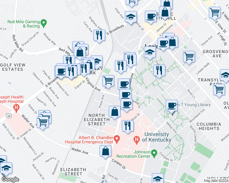 map of restaurants, bars, coffee shops, grocery stores, and more near 141 Virginia Avenue in Lexington