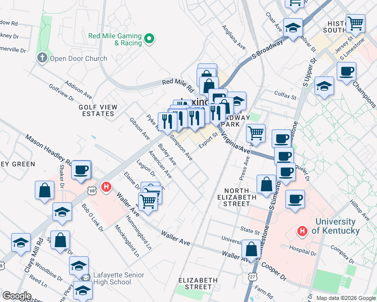 map of restaurants, bars, coffee shops, grocery stores, and more near in Lexington