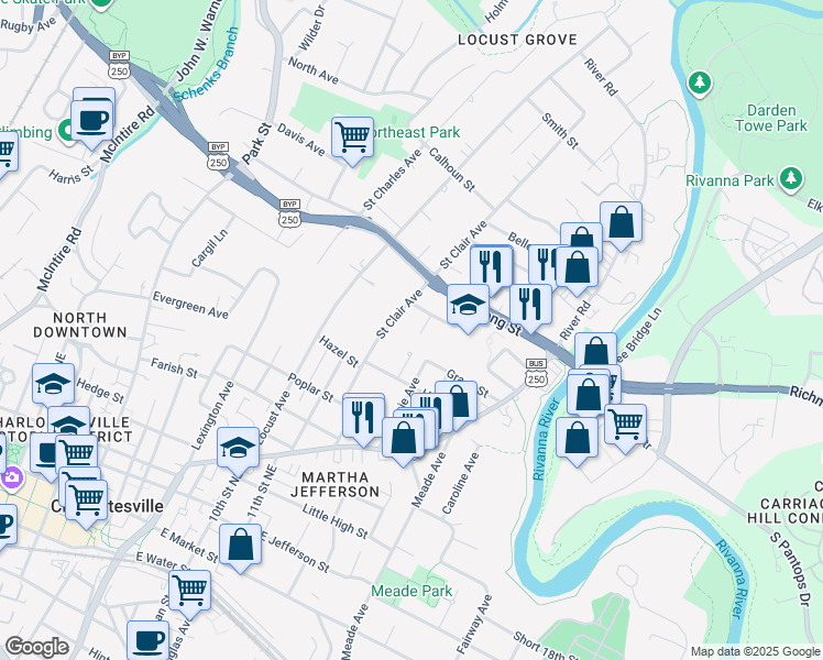 map of restaurants, bars, coffee shops, grocery stores, and more near 808 Saint James Circle in Charlottesville
