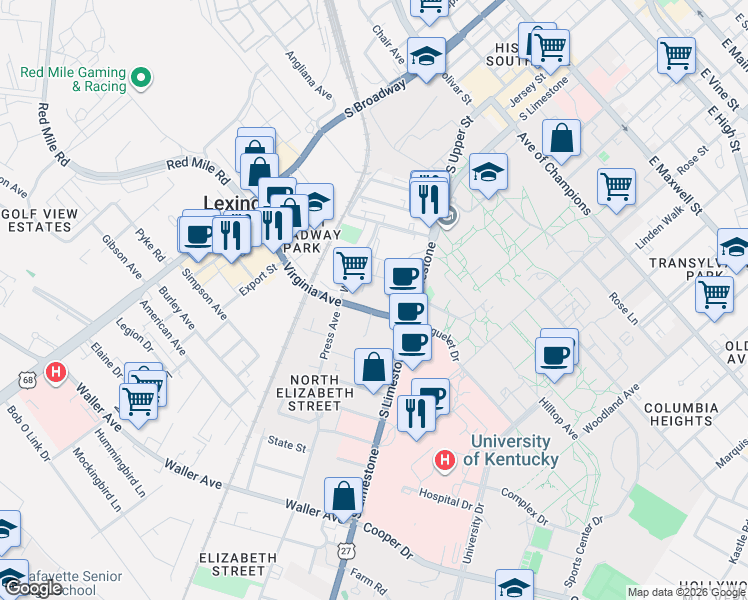 map of restaurants, bars, coffee shops, grocery stores, and more near 141 Virginia Avenue in Lexington