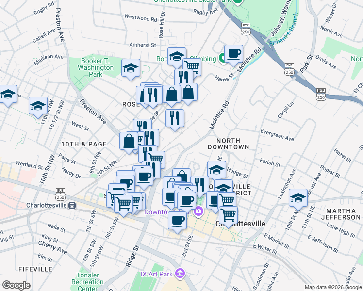 map of restaurants, bars, coffee shops, grocery stores, and more near 401 McIntire Road in Charlottesville