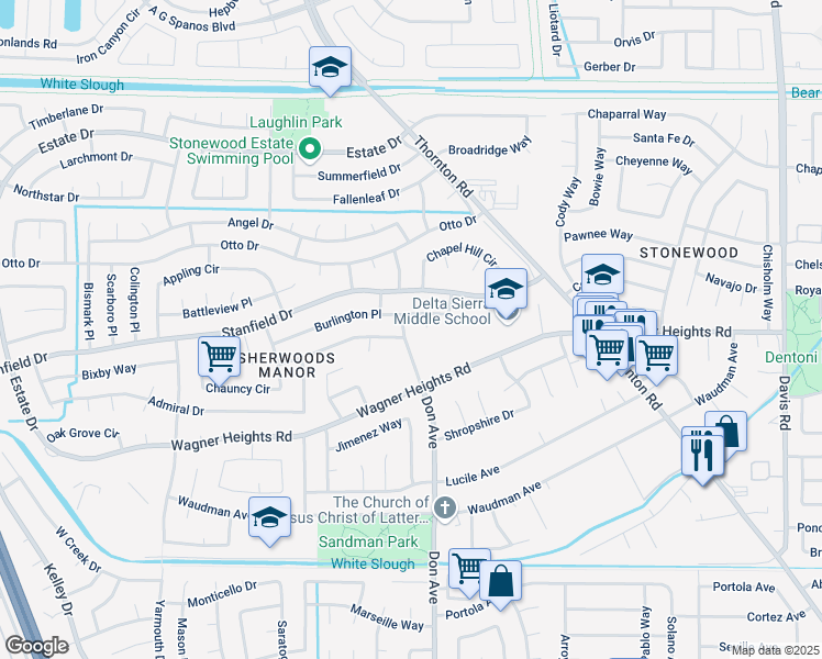 map of restaurants, bars, coffee shops, grocery stores, and more near 2519 Plantation Place in Stockton