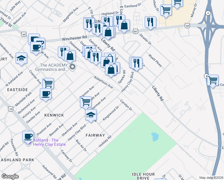 map of restaurants, bars, coffee shops, grocery stores, and more near 397 Sherman Avenue in Lexington