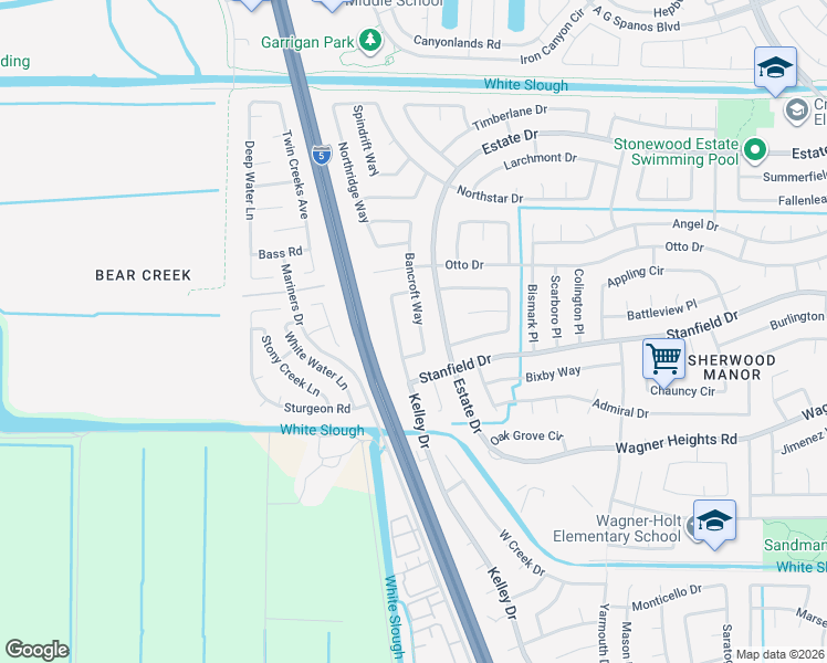 map of restaurants, bars, coffee shops, grocery stores, and more near 9519 Bancroft Way in Stockton