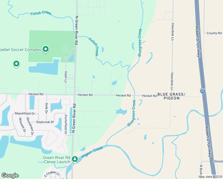 map of restaurants, bars, coffee shops, grocery stores, and more near 5300 Heckel Road in Evansville