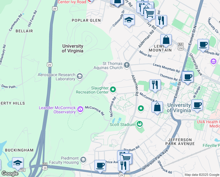 map of restaurants, bars, coffee shops, grocery stores, and more near 506 Edgemont Road in Charlottesville