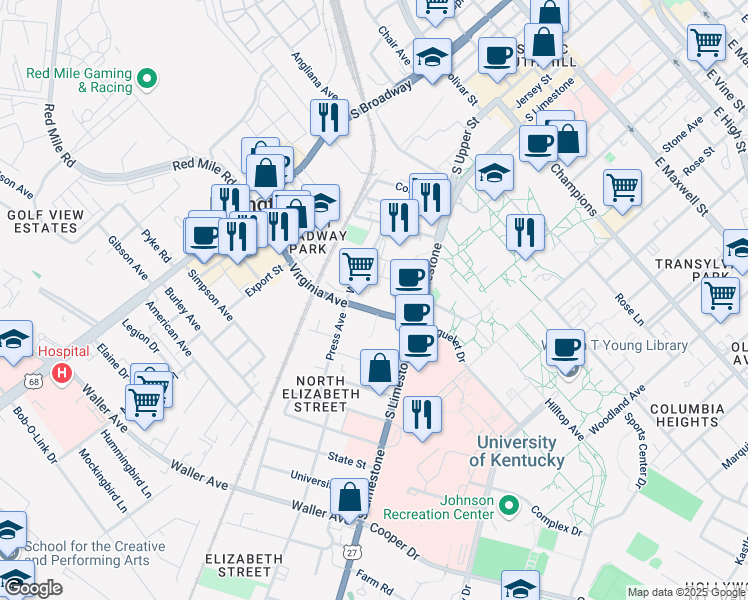 map of restaurants, bars, coffee shops, grocery stores, and more near 155 Virginia Avenue in Lexington