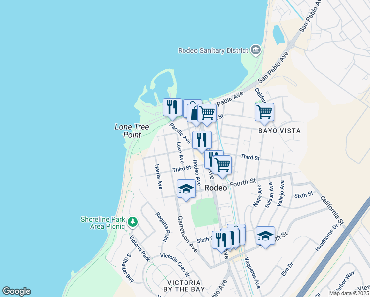 map of restaurants, bars, coffee shops, grocery stores, and more near 418 Second Street in Rodeo