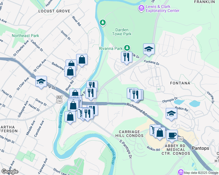 map of restaurants, bars, coffee shops, grocery stores, and more near 870 Pantops Corner Way in Charlottesville