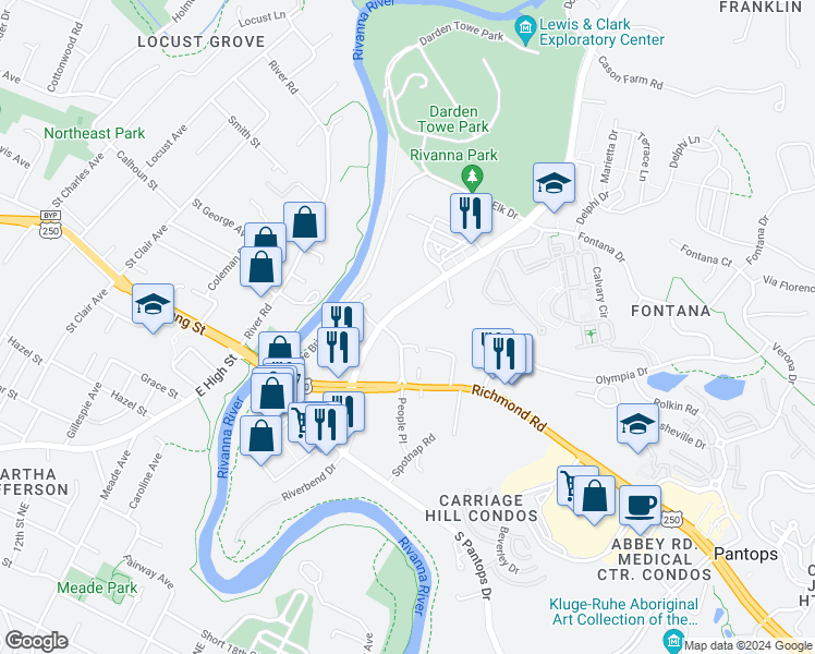 map of restaurants, bars, coffee shops, grocery stores, and more near 870 Pantops Corner Way in Charlottesville