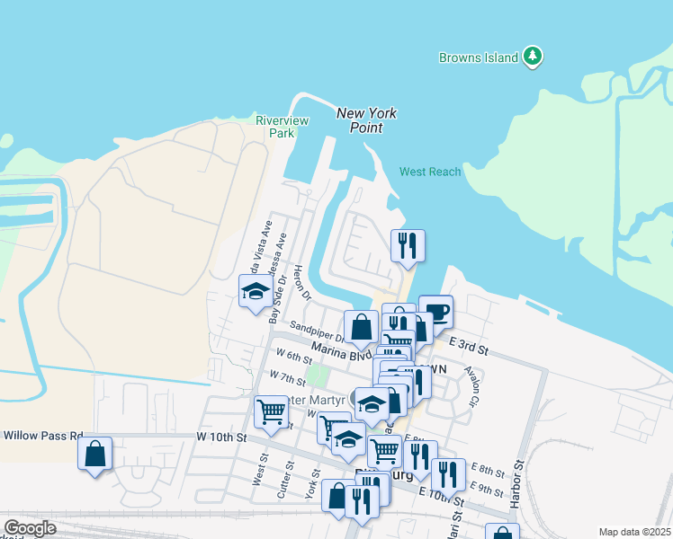 map of restaurants, bars, coffee shops, grocery stores, and more near 147 Pelican Loop in Pittsburg