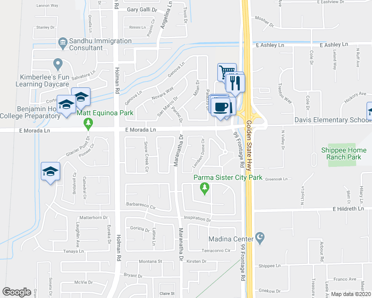 map of restaurants, bars, coffee shops, grocery stores, and more near 9473 Lembert Dome Circle in Stockton