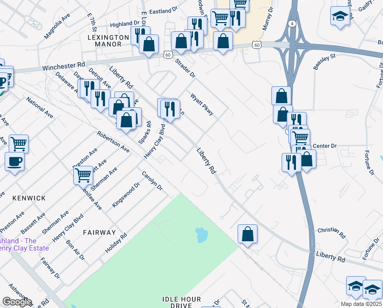 map of restaurants, bars, coffee shops, grocery stores, and more near 1712 Liberty Road in Lexington