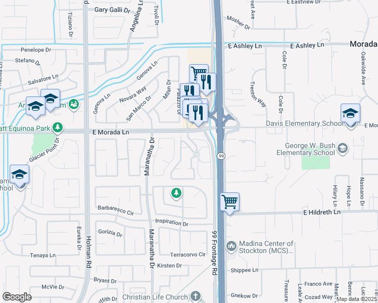 map of restaurants, bars, coffee shops, grocery stores, and more near 4030 East Morada Lane in Stockton