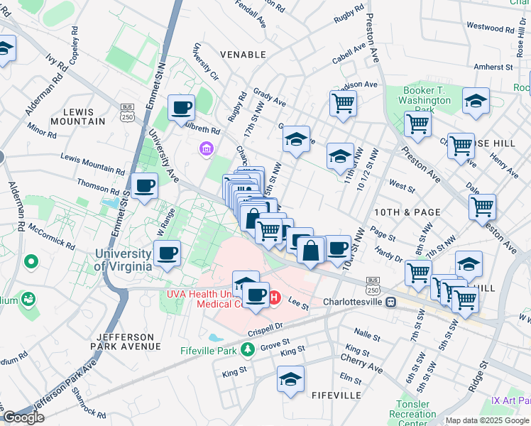 map of restaurants, bars, coffee shops, grocery stores, and more near 218 15th Street Northwest in Charlottesville