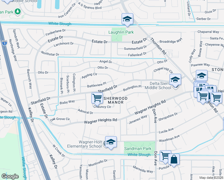 map of restaurants, bars, coffee shops, grocery stores, and more near 2803 Burlington Place in Stockton