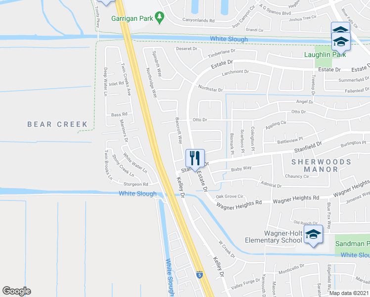 map of restaurants, bars, coffee shops, grocery stores, and more near 9519 Bancroft Way in Stockton
