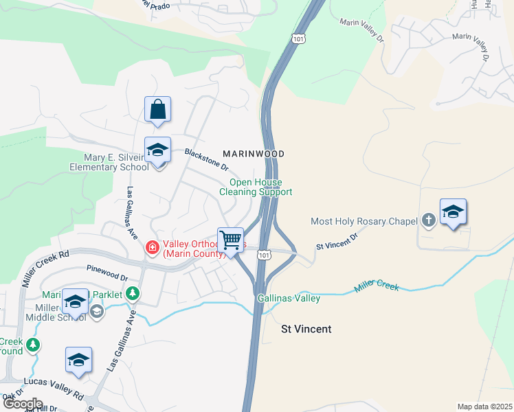 map of restaurants, bars, coffee shops, grocery stores, and more near 155 Blackstone Drive in San Rafael