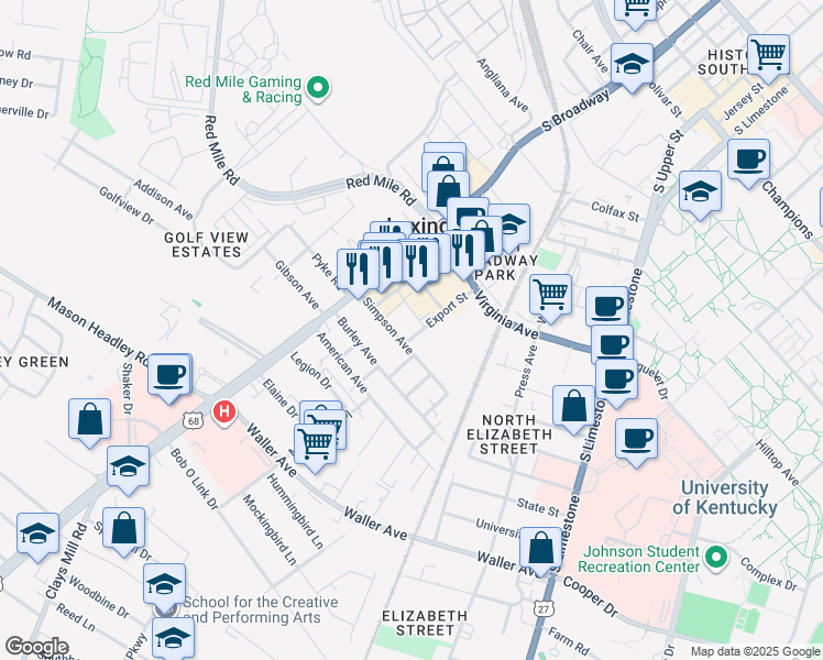 map of restaurants, bars, coffee shops, grocery stores, and more near in Lexington