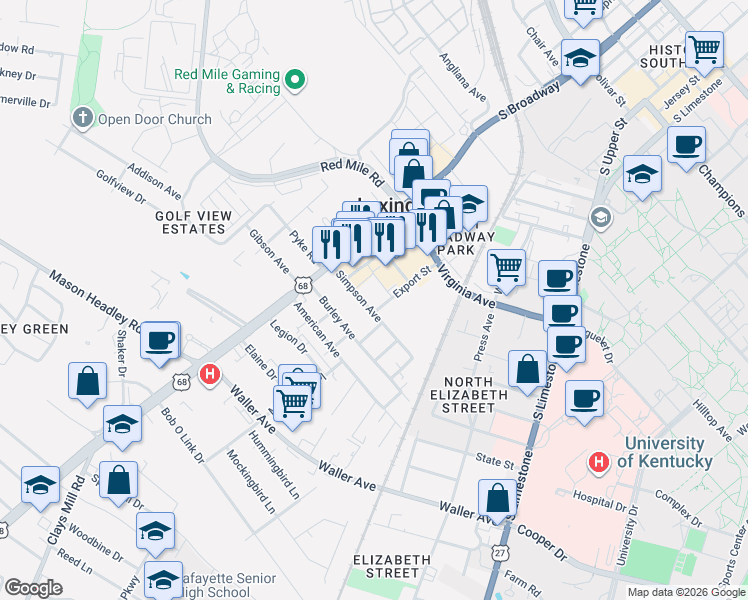 map of restaurants, bars, coffee shops, grocery stores, and more near in Lexington