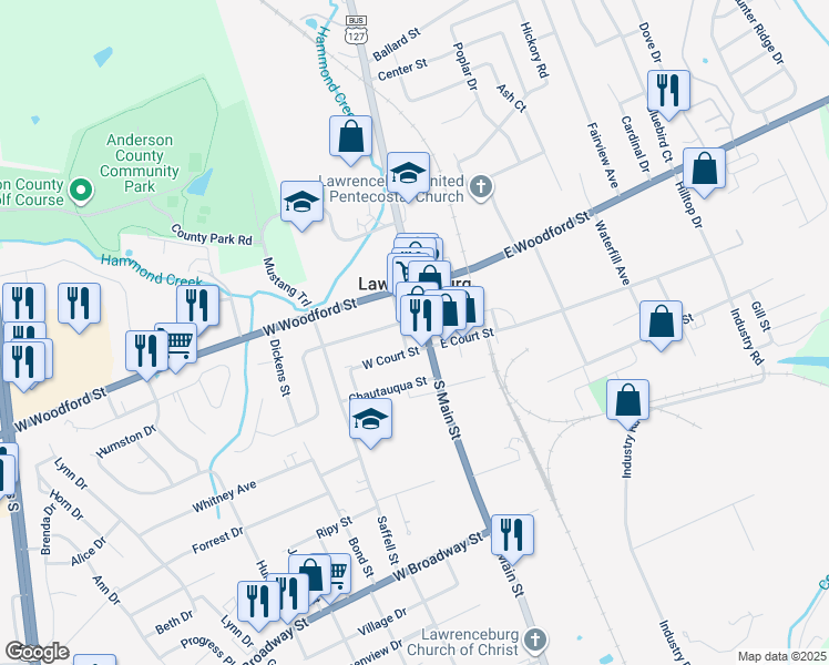 map of restaurants, bars, coffee shops, grocery stores, and more near 160 Township Square in Lawrenceburg