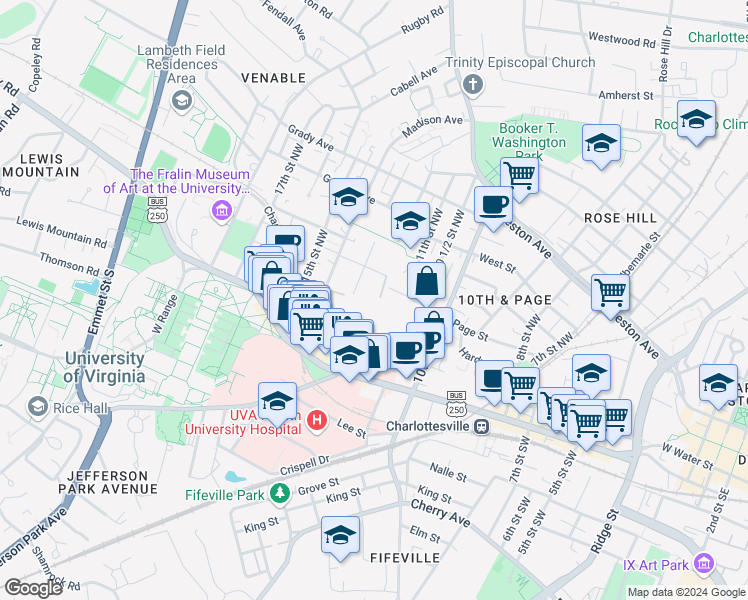 map of restaurants, bars, coffee shops, grocery stores, and more near 1114 John Street in Charlottesville
