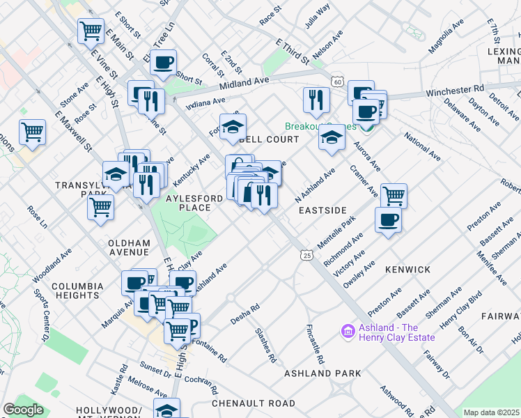 map of restaurants, bars, coffee shops, grocery stores, and more near 710 East Main Street in Lexington