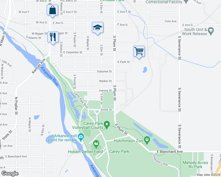 map of restaurants, bars, coffee shops, grocery stores, and more near 420 Harvey Street in Hutchinson