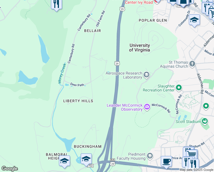map of restaurants, bars, coffee shops, grocery stores, and more near 12 Deer Path in Charlottesville