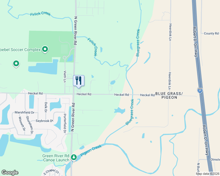 map of restaurants, bars, coffee shops, grocery stores, and more near 5300 Heckel Road in Evansville