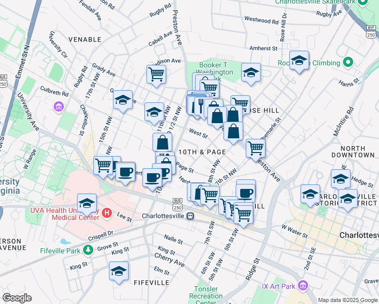 map of restaurants, bars, coffee shops, grocery stores, and more near 911 Paoli Street in Charlottesville