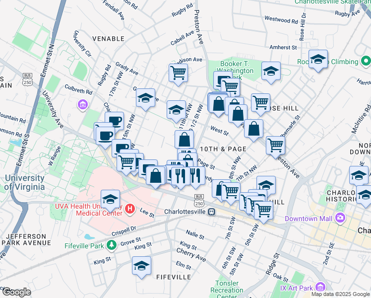 map of restaurants, bars, coffee shops, grocery stores, and more near 302 10 1/2 Street Northwest in Charlottesville