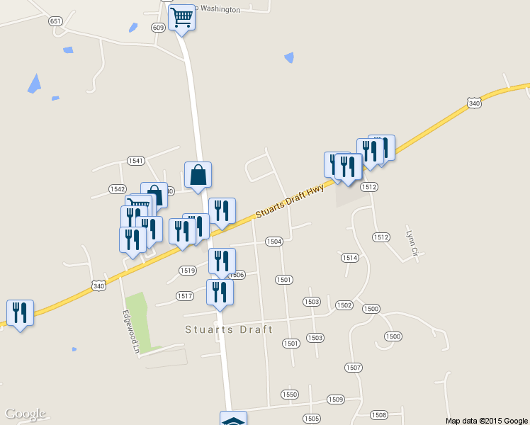 map of restaurants, bars, coffee shops, grocery stores, and more near 2735 Stuarts Draft Highway in Stuarts Draft