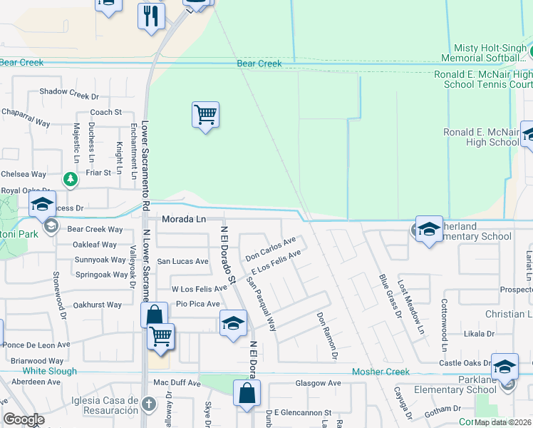 map of restaurants, bars, coffee shops, grocery stores, and more near 325 Morada Ln in Stockton