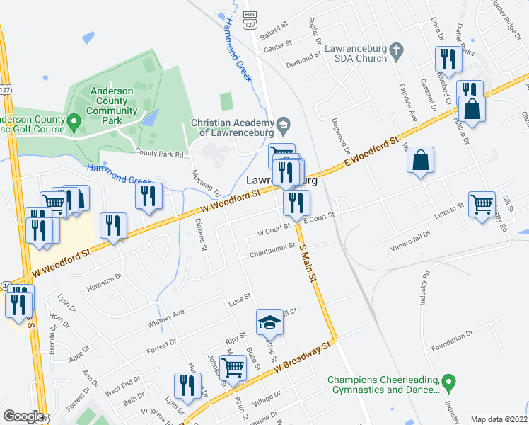map of restaurants, bars, coffee shops, grocery stores, and more near 160 Township Square in Lawrenceburg