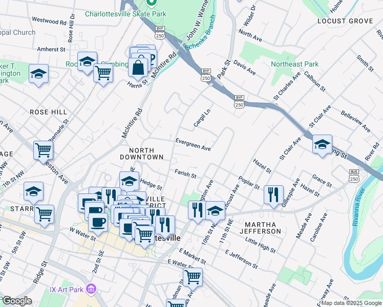 map of restaurants, bars, coffee shops, grocery stores, and more near 617 Park Street in Charlottesville