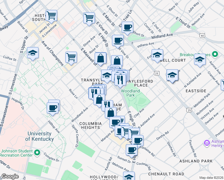 map of restaurants, bars, coffee shops, grocery stores, and more near 225 Kentucky Avenue in Lexington