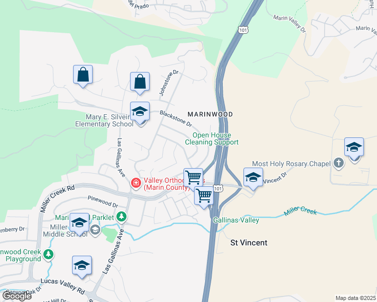 map of restaurants, bars, coffee shops, grocery stores, and more near 155 Cobblestone Drive in San Rafael