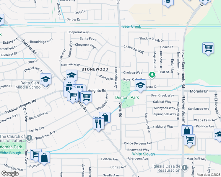 map of restaurants, bars, coffee shops, grocery stores, and more near 1620 Waudman Avenue in Stockton